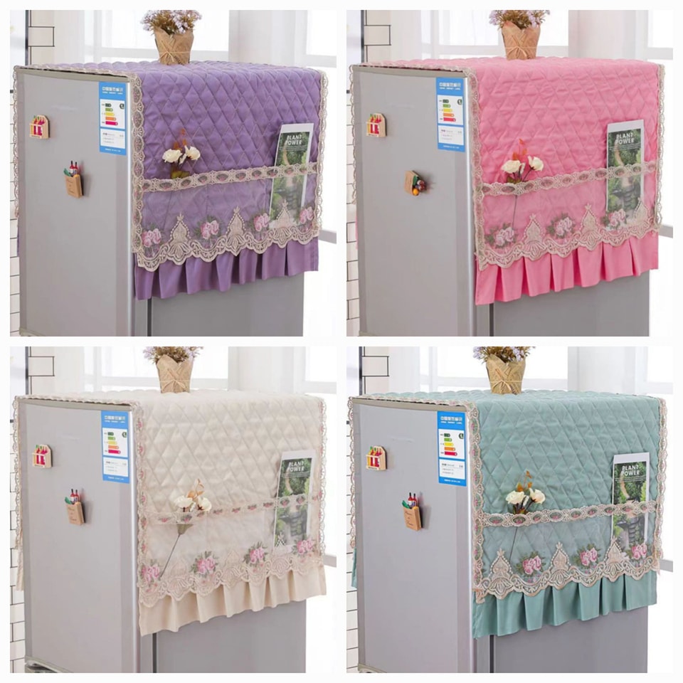 500373190_122138338946614256_5445566542525682368_n.jpg Elegant Quilted Fridge Cover with Lace Design & Side Pockets - Image 1