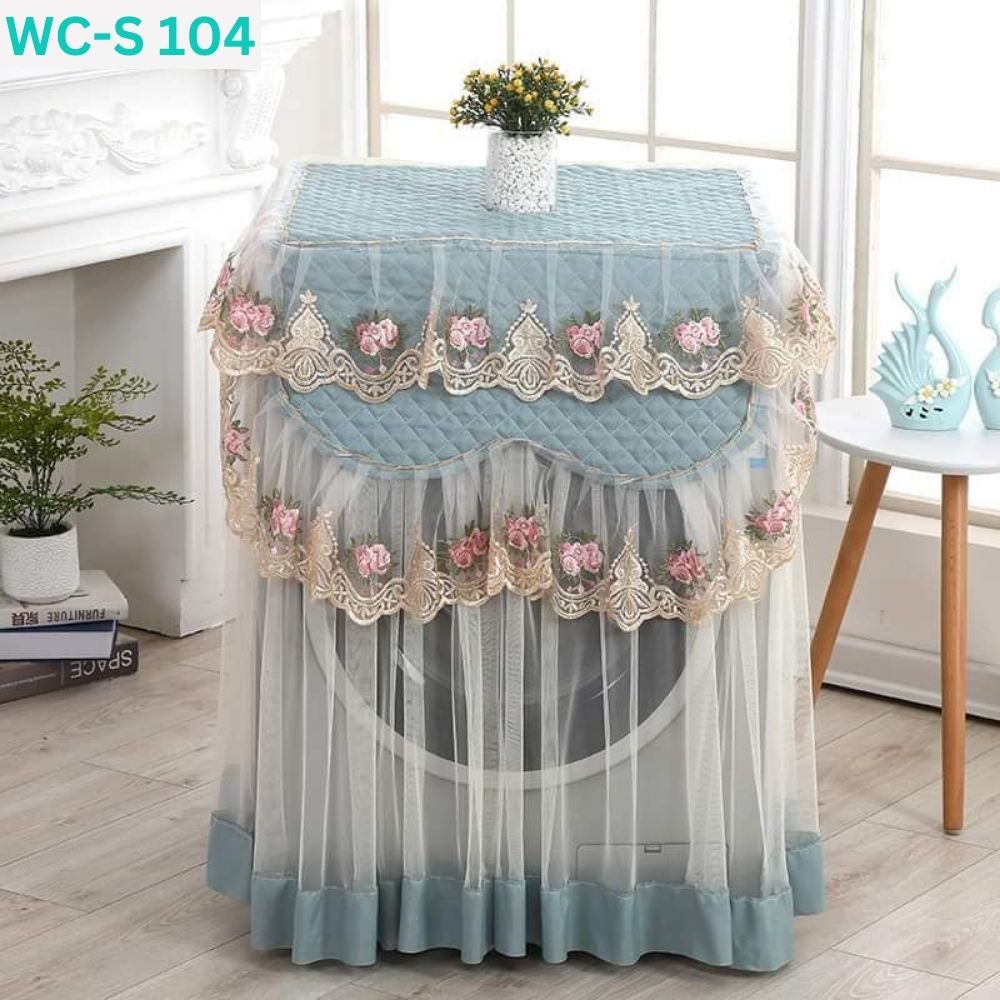 Floral-Washing-Machine-Cover-4.jpg Lace Ruffles Floral Net Washing Machine Cover: WC-S 104- Sky Blue - Image 1